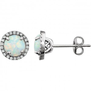 14K White Created Opal Diamond Earrings