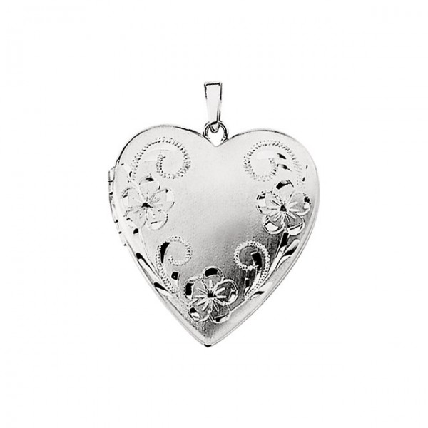 14K White Designed Engraved Heart Locket 21.25x20.25mm
