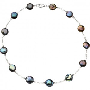Sterling Silver Freshwater Cultured Black Coin Pearl 18 Inch Necklace