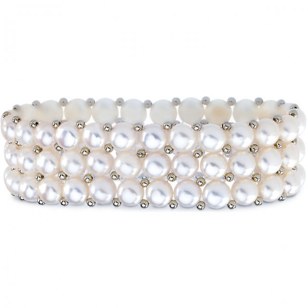 Sterling Silver Freshwater Cultured White Pearl 3 Row Stretch Bracelet