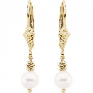 14K Yellow 5.5-6mm Freshwater Cultured Pearl Lever Back Earrings-2