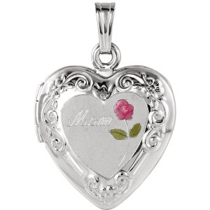 Sterling Silver Mom Heart Shape Locket with Rose