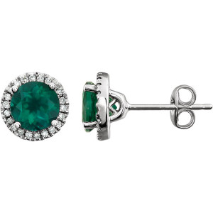 14K White Created Emerald CTW Diamond Earrings
