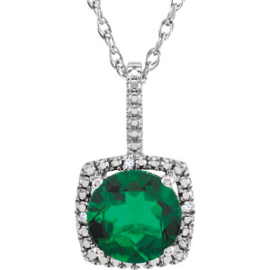 Sterling Silver 7mm Lab-Grown Emerald and .015 CTW Diamond 18 Necklace